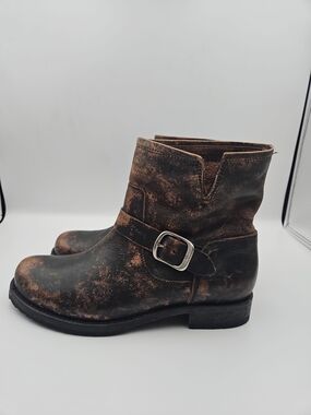 Frye Brown Distressed Leather Ankle Booties with Silver Buckle